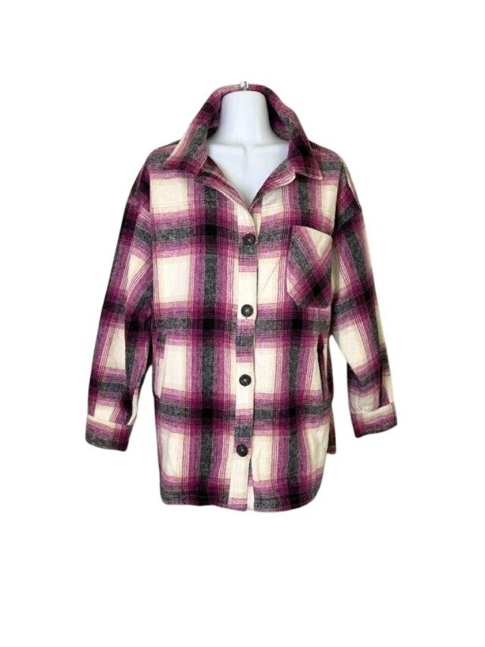 Relaxed Fit Plaid Shacket Zenana M Magenta Off White Pockets Flannel Jacket